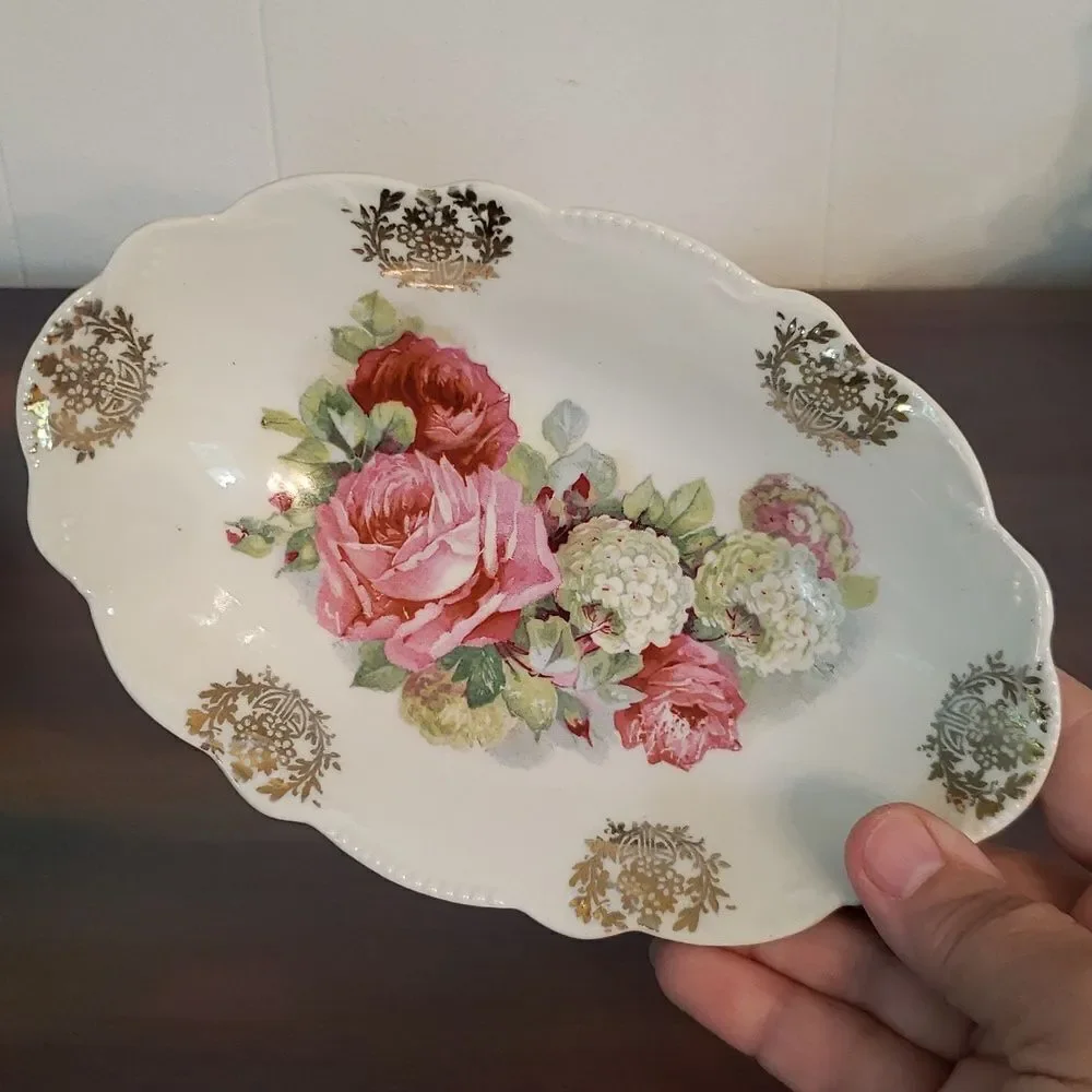 Gorgeous Handpainted Vintage Porcelain Floral Small Serving Dish Made in Germany